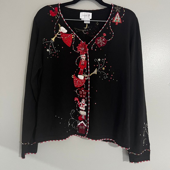 Just B Sweaters - Just B Black Beaded Christmas Cardigan Sweater Large ugly holiday festive kitsch
